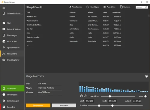 Erstelle iPhone Töne aus Musik mit dem iDevice Manager