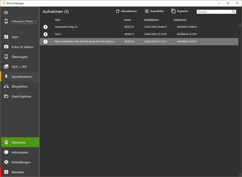 iPhone Voice Memos im iDevice Manager