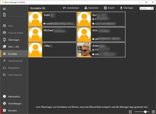 vCard Kontakte im iDevice Manager anzeigen